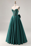 Dark Green A-Line Satin Sweetheart Corset Beaded Long Form Dress with Bow