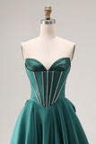 Dark Green A-Line Satin Sweetheart Corset Beaded Long Form Dress with Bow