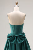 Dark Green A-Line Satin Sweetheart Corset Beaded Long Form Dress with Bow