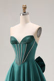 Dark Green A-Line Satin Sweetheart Corset Beaded Long Form Dress with Bow