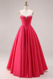 Candy Pink A-Line Sweetheart Corset Ruched Long Prom Dress with Beading