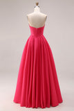 Candy Pink A-Line Sweetheart Corset Ruched Long Prom Dress with Beading