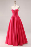 Candy Pink A-Line Sweetheart Corset Ruched Long Prom Dress with Beading