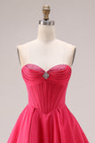 Candy Pink A-Line Sweetheart Corset Ruched Long Prom Dress with Beading
