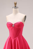 Candy Pink A-Line Sweetheart Corset Ruched Long Prom Dress with Beading