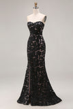 Lace Black Mermaid Sweetheart Lace-Up Back Long Prom Dress with Slit