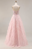 Pink A-Line Sequins Strapless Coeset Long Prom Dress with 3D Flowers
