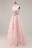 Pink A-Line Sequins Strapless Coeset Long Prom Dress with 3D Flowers