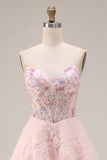 Pink A-Line Sequins Strapless Coeset Long Prom Dress with 3D Flowers