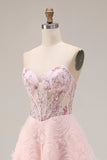 Pink A-Line Sequins Strapless Coeset Long Prom Dress with 3D Flowers