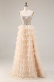Apricot Strapless Tiered A-Line Sequins Beaded Long Prom Dress with Slit