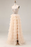 Apricot Strapless Tiered A-Line Sequins Beaded Long Prom Dress with Slit
