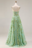 Green A-Line Tulle Corset Beaded Long Prom Dress with Sequins