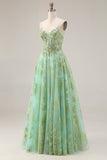 Green A-Line Tulle Corset Beaded Long Prom Dress with Sequins