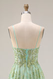 Green A-Line Tulle Corset Beaded Long Prom Dress with Sequins