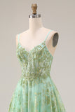 Green A-Line Tulle Corset Beaded Long Prom Dress with Sequins