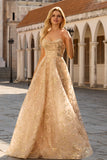 Sparkly Champagne A-Line Corset Long Tulle Prom Dress with Sequins