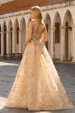 Sparkly Champagne A-Line Corset Long Tulle Prom Dress with Sequins