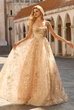 Sparkly Champagne A-Line Corset Long Tulle Prom Dress with Sequins