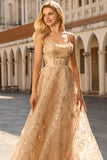 Sparkly Champagne A-Line Corset Long Tulle Prom Dress with Sequins