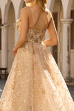 Sparkly Champagne A-Line Corset Long Tulle Prom Dress with Sequins