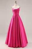Elegant Hot Pink A-Line Strapless Pleated Bodice Satin Long Prom Dress