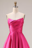 Elegant Hot Pink A-Line Strapless Pleated Bodice Satin Long Prom Dress