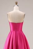 Elegant Hot Pink A-Line Strapless Pleated Bodice Satin Long Prom Dress
