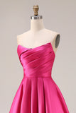 Elegant Hot Pink A-Line Strapless Pleated Bodice Satin Long Prom Dress