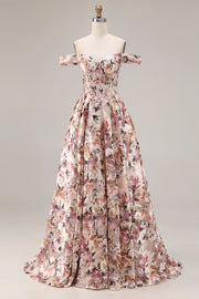 Off The Shoulder Floral A-Line Corset Desert Rose Long Prom Dress
