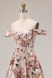 Off The Shoulder Floral A-Line Corset Desert Rose Long Prom Dress
