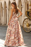 Pink Floral Printed A-Line Corset Long Prom Dress