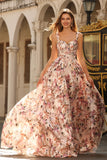Pink Floral Printed A-Line Corset Long Prom Dress