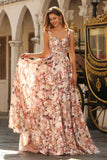 Pink Floral Printed A-Line Corset Long Prom Dress