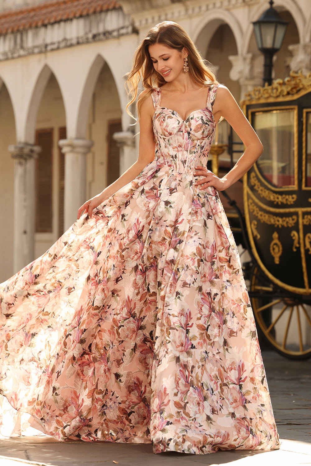 ZAPAKA Women Pink Floral Long Prom Dress A-Line Off The Shoulder Corset Evening Dress, Pink / UK16