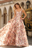 Pink Floral Printed A-Line Corset Long Prom Dress