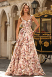 Pink Floral Printed A-Line Corset Long Prom Dress
