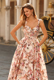 Pink Floral Printed A-Line Corset Long Prom Dress