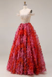 Fuchsia A-Line Off The Shoulder Beaded Sequin Long Prom Dress with 3D Flowers