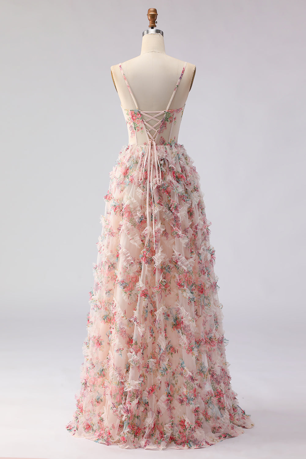 ZAPAKA Women Light Pink Floral Long Prom Dress with Ruffles A-Line Spaghetti Straps Corset Printed Party Dress with Lace Up Back, Light Pink / US2 ZAPAKA Women Light Pink Floral Long Prom Dress with Ruffles A-Line Spaghetti Straps Corset Printed Party Dress with Lace Up Back, Light Pink / US2