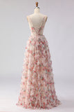 Light Pink A-Line Floral Printed Corset Long Prom Dress with Ruffles