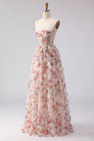 Light Pink A-Line Floral Printed Corset Long Prom Dress with Ruffles
