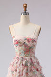 Light Pink A-Line Floral Printed Corset Long Prom Dress with Ruffles