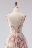 Light Pink A-Line Floral Printed Corset Long Prom Dress with Ruffles