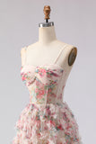 Light Pink A-Line Floral Printed Corset Long Prom Dress with Ruffles