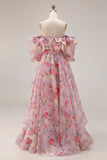 Pink Floral A Line Off The Shoulder Puff Sleeves Chiffon Long Prom Dress with Ruffled Skirt
