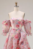 Pink Floral A Line Off The Shoulder Puff Sleeves Chiffon Long Prom Dress with Ruffled Skirt