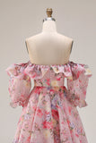 Pink Floral A Line Off The Shoulder Puff Sleeves Chiffon Long Prom Dress with Ruffled Skirt