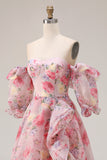 Pink Floral A Line Off The Shoulder Puff Sleeves Chiffon Long Prom Dress with Ruffled Skirt