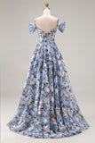 Blue A-Line Off The Shoulder Corset Floral Long Prom Dress with Slit
